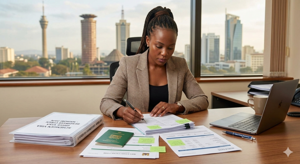 A professional Schengen visa readiness check for a 2026 Nairobi applicant, showing a verified document folder, Kenyan passport, and organized application file.
