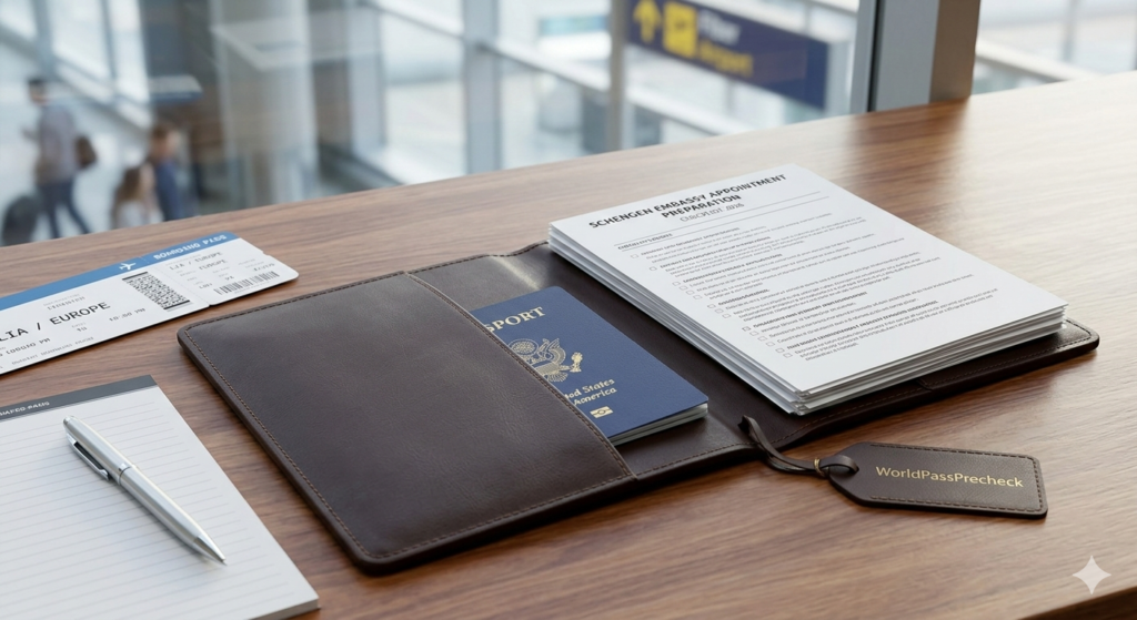 Professional Schengen embassy appointment preparation featuring an organized document folder and passport for a visa interview.