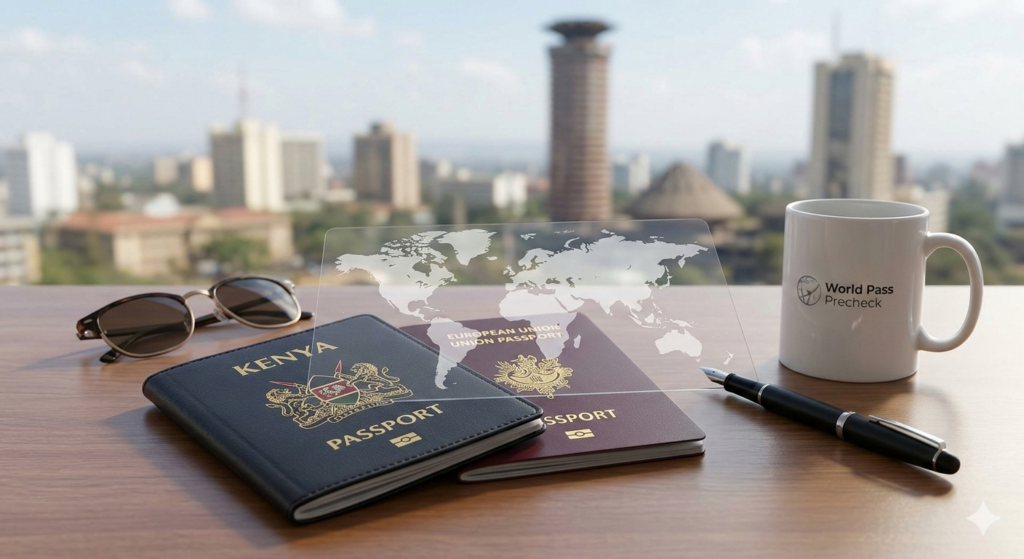Professional office desk in Nairobi featuring a Kenyan passport and a Schengen visa passport next to a World Pass Precheck branded mug, with the KICC and Nairobi skyline in the background.