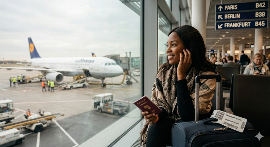 A smiling African traveler at a European airport holding her passport, representing a successful African travelers Schengen visa application.