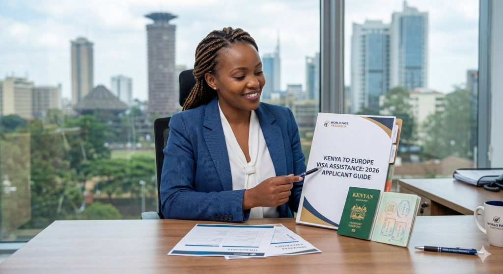 Collaborative Kenya to Europe visa assistance consultation in a Nairobi office, featuring a smiling consultant, a traveler, and an organized 2026 guide folder with a stamped Kenyan passport.
