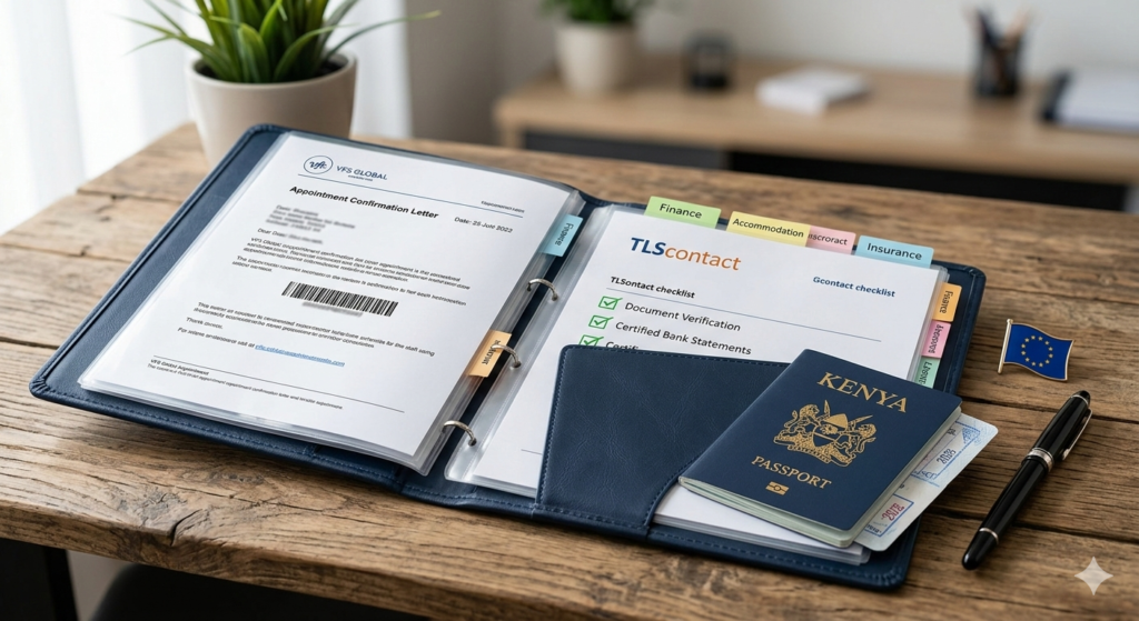 An organized document folder for professional Schengen visa preparation services in Nairobi, featuring a Kenyan passport, VFS Global letter, and a TLScontact checklist.