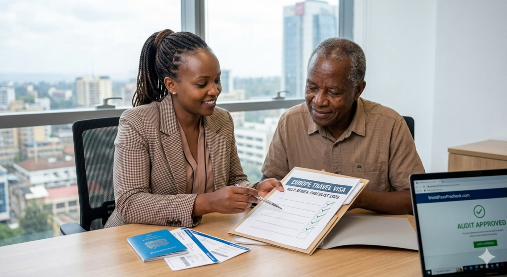 Collaborative Europe travel visa help Africa consultation in Nairobi, featuring a consultant, a traveler, and an organized 2026 document checklist.