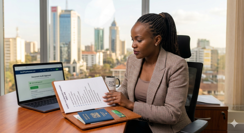 A Kenyan professional diligently reviewing her completed Europe visa document checklist in a modern Nairobi office for a 2026 travel application.