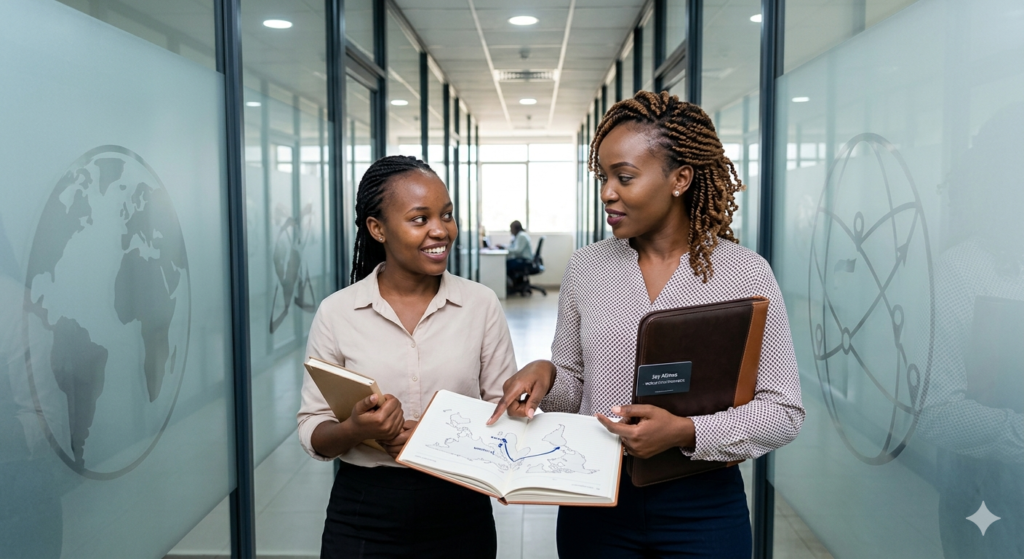 A professional photograph of two Kenyan women in a modern Nairobi office discussing a travel map, depicting Professional Visa Help for Africans.