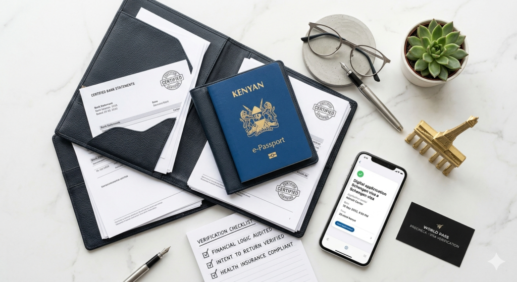 Professional visa document verification in Nairobi featuring a Kenyan passport and stamped bank statements