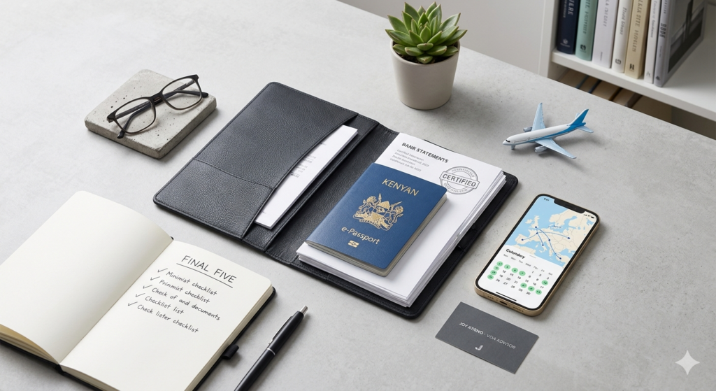 A professional Europe visa checklist done right featuring a Kenyan passport and certified financial documents