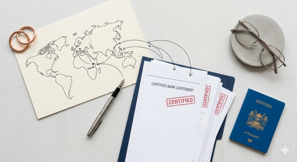 A minimalist Nairobi desk flat lay with a certified document stack and Kenyan e-Passport, illustrating Schengen Appointment Prep Experts.