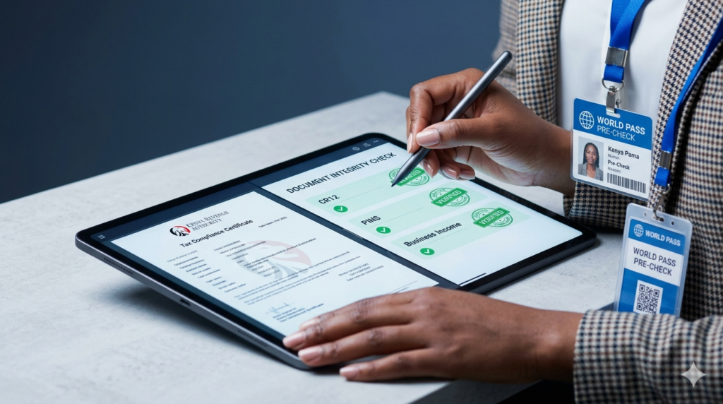 A close-up of a professional’s hands using a stylus on a tablet to run an AI-driven document integrity check on a Kenyan KRA certificate, ensuring compliance for Reliable Schengen Visa Assistance in 2026.