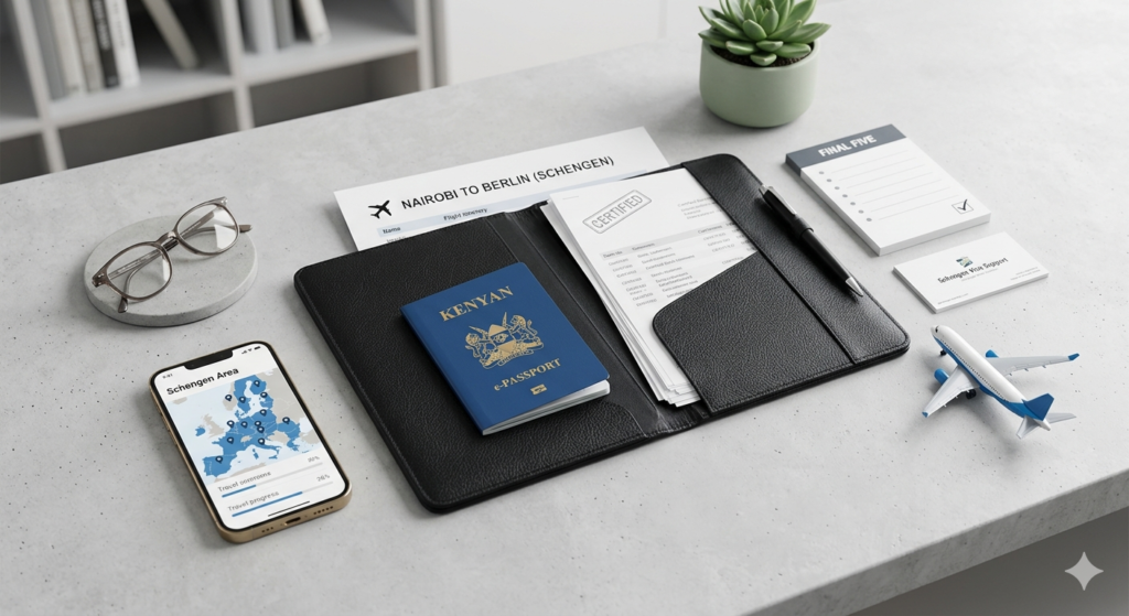 Organized travel documents and a Kenyan passport illustrating professional Schengen visa support for Kenyans
