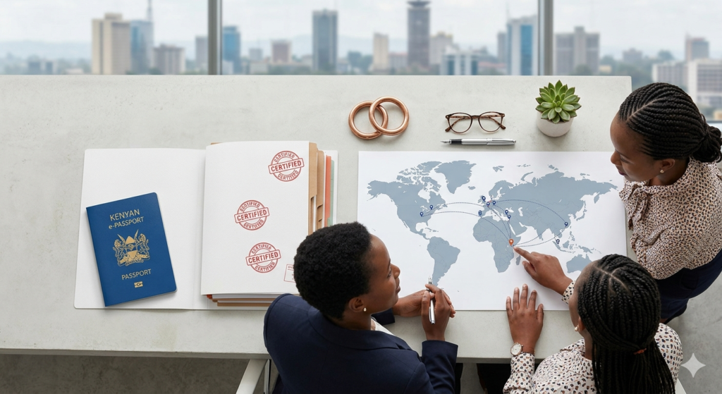 A professional Kenyan consultant guides her client through a finalized travel map, depicting expert Schengen Appointment Prep Experts