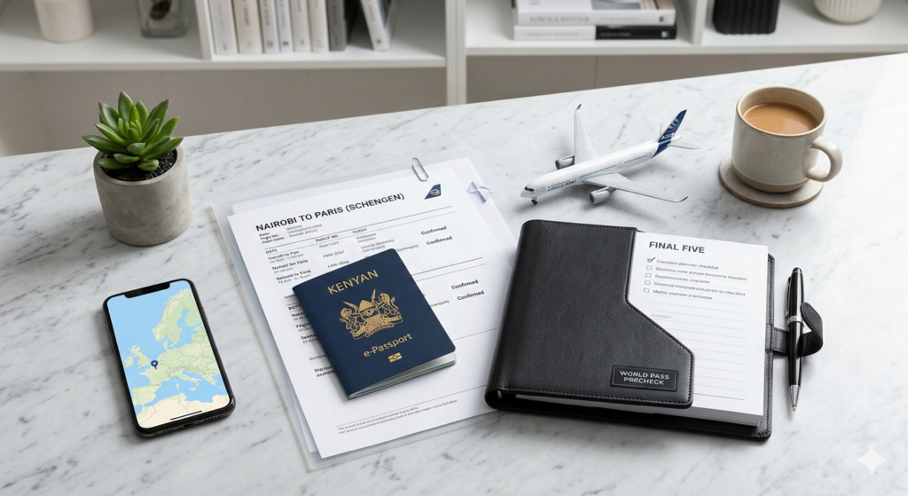 Professional travel documentation and Kenyan e-Passport with Schengen itinerary for visa help in Nairobi