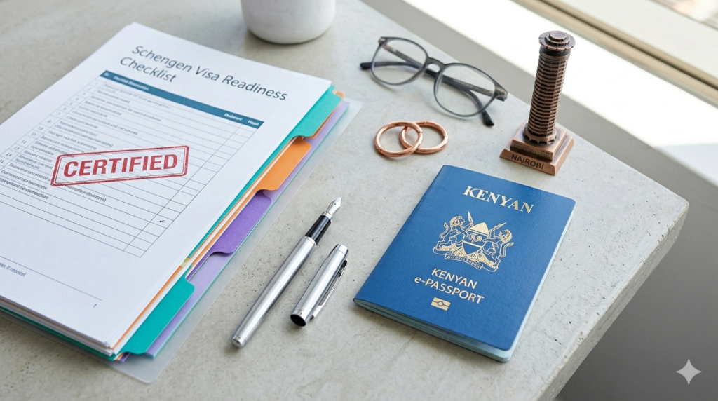A minimalist flat lay of a Kenyan e-Passport, a silver fountain pen, and a certified checklist on a concrete desk to Boost Your Visa Approval Chances.
