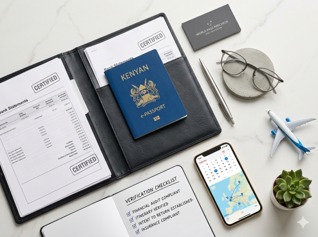 A Neo-Minimalist Bento Grid arrangement on a Nairobi desk, featuring certified documents and a checklist designed to ensure the Kenya to Europe Visa Made Easy.
