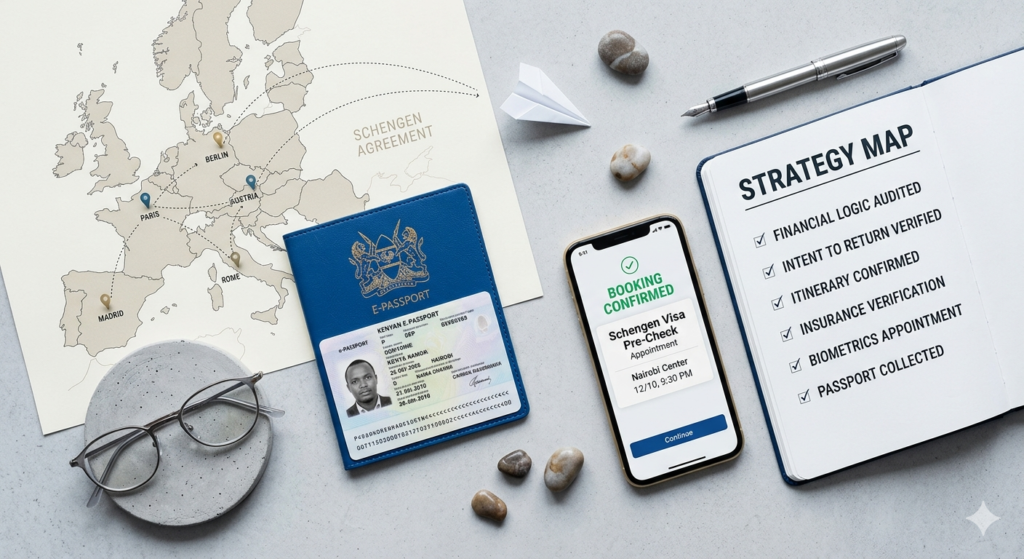 A top-down photograph of a Strategy Map and a Kenyan passport, showing how to make the Kenya to Europe Visa Made Easy through a professional pre-check.