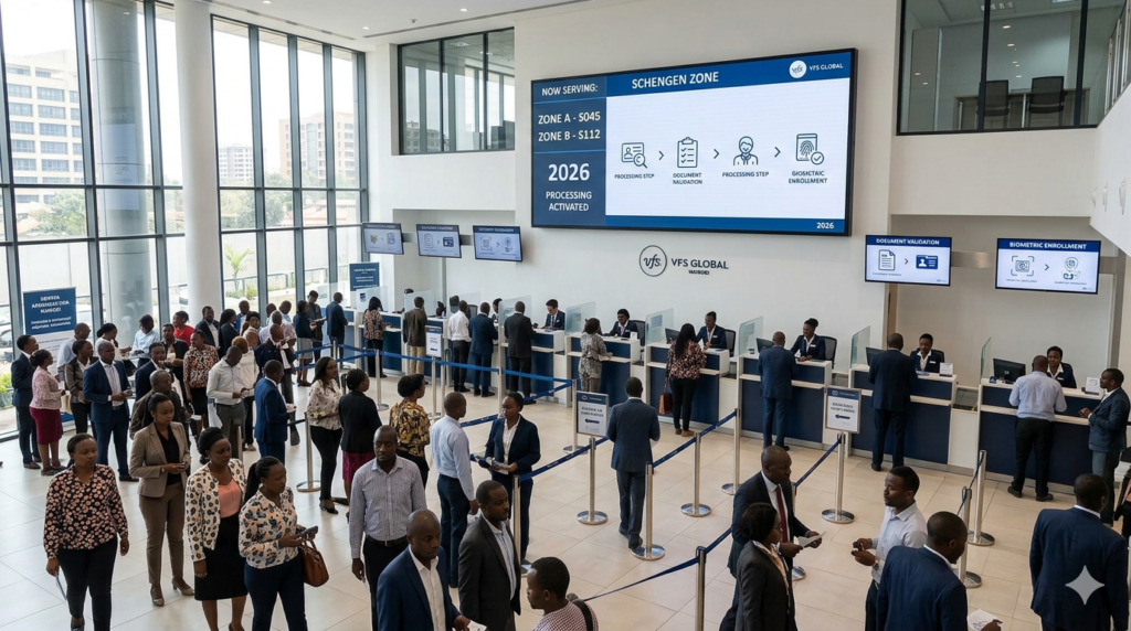 A documentary wide photograph capturing the modernized, bustling Schengen Zone processing hub at VFS Global Nairobi in 2026, where Kenyan applicants receive Reliable Schengen Visa Assistance.