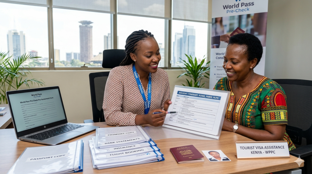 A professional female consultant in a Nairobi office guiding a Kenyan client with holiday itinerary documents, illustrating tourist visa assistance Kenya.